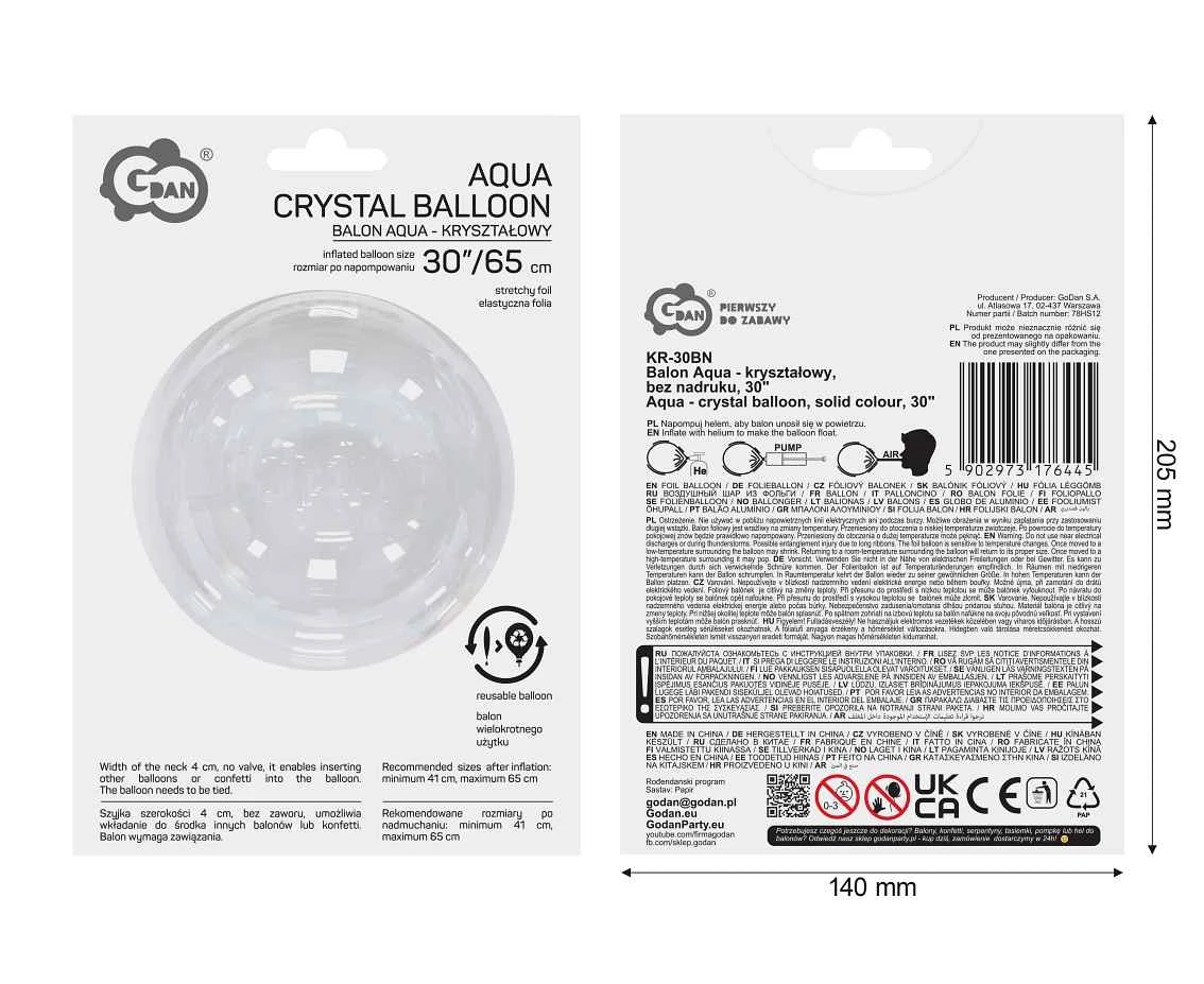 Balon Aqua - kryształowy, bez nadruku, 30" AA